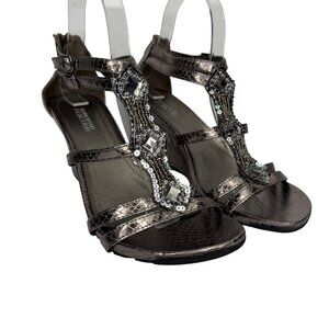 Y2K Kenneth Cole Reaction Bronze Faux Snake Skin Wedge Sequence Sandals Size 7.5